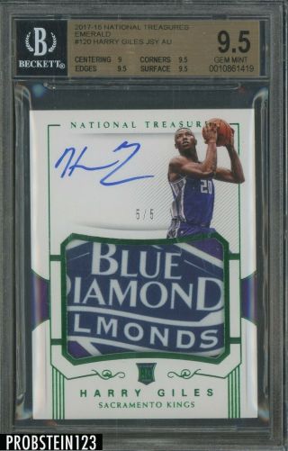 2017 - 18 National Treasures Emerald Harry Giles Rc Logo Patch Auto 5/5 Bgs 9.  5