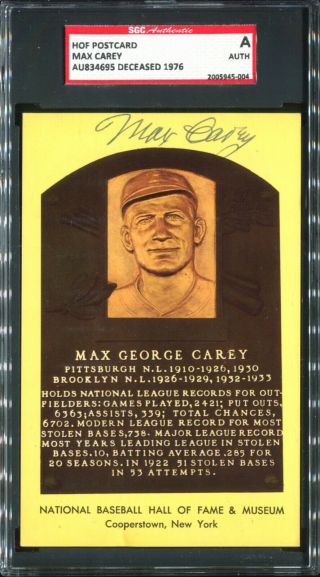 Max Carey Signed Hof Yellow Plaque Postcard Sgc Authentic (dec.  1976)