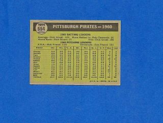 1961 TOPPS BASEBALL CARD 554 PITTSBURGH PIRATES TEAM CARD PRINT DEFECT CLEMENTE 2
