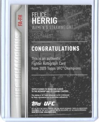 SWEET 2015 TOPPS UFC CHAMPIONS FELICE HERRIG AUTOGRAPH AUTO CARD UFC MMA 2