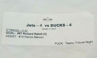 TEEMU tribute night Jets4 Ducks4 Jan 2015 OFFICIAL GAME PUCK NHL,  3rd period 9