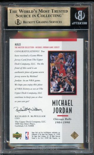 1999 Upper Deck Michael Jordan Game Worn Jersey Card BGS 9.  5 GEM.  POP 2 2