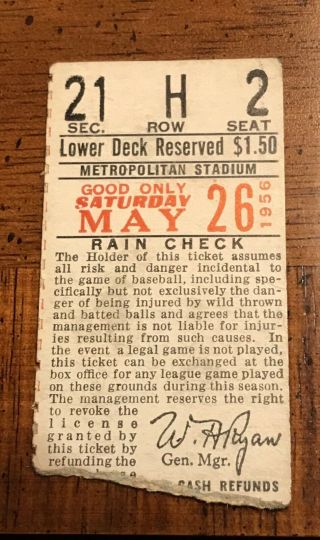 1956 Minneapolis Millers (ny Giants Affiliate) Baseball Minor League Ticket Stub