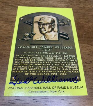 Ted Williams Signed Autographed Yellow/gold Hof Plaque Postcard