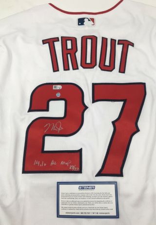 Mike Trout Signed " 14,  16 Al Mvp " Angels Authentic Home Jersey Steiner Le 27/27