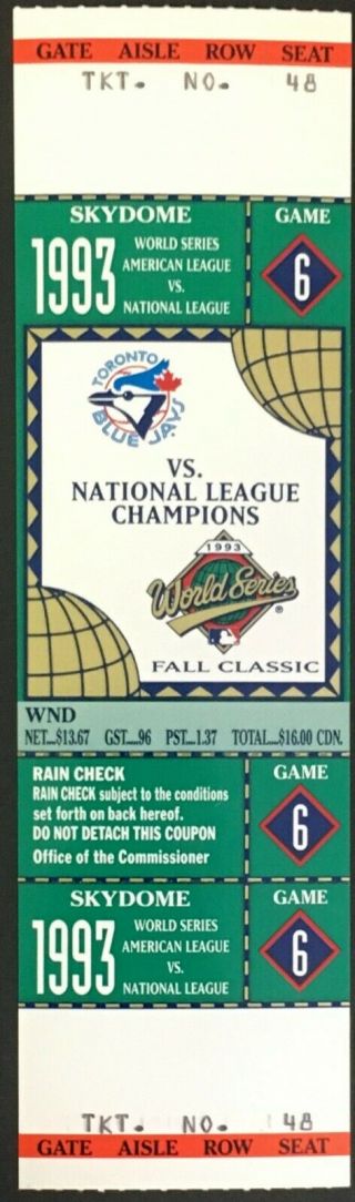 1993 World Series Baseball Ticket Game 6 Toronto Blue Jays Joe Carter Walk Off