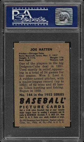 1952 Bowman SETBREAK Joe Hatten 144 PSA 8 NM - MT (PWCC) 2