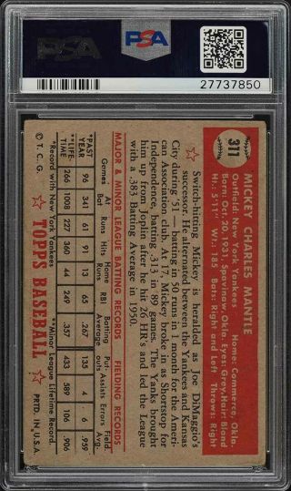 1952 Topps Mickey Mantle 311 PSA 2.  5 GD,  (PWCC) 2