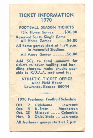 1970 Kansas Jayhawks College Football Pocket Schedule 2