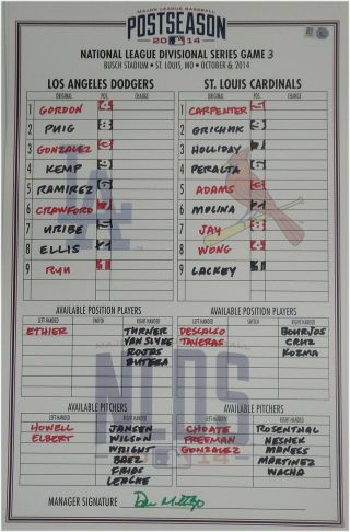 October 6,  2014 St Louis Cardinals Los Angeles Dodgers Line - Up Card Nlds Ryu