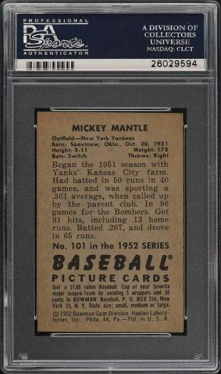 1952 Bowman Mickey Mantle 101 PSA 7 NRMT (PWCC) 2
