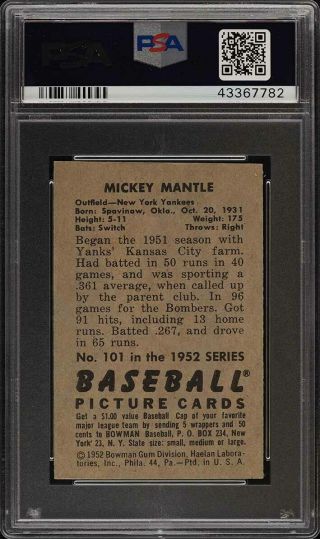 1952 Bowman Mickey Mantle 101 PSA 6 EXMT (PWCC) 2