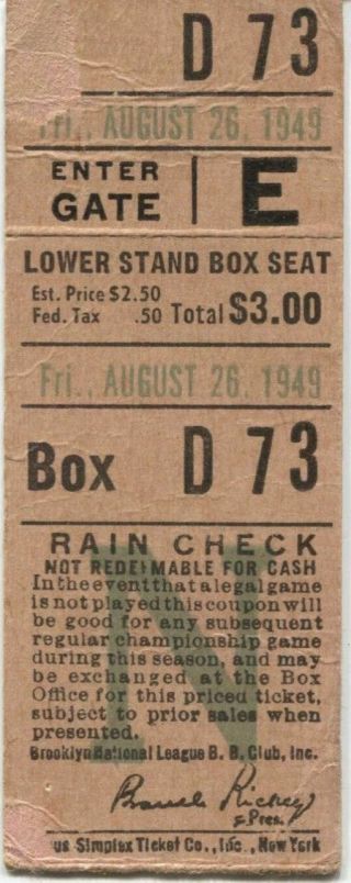 Brooklyn Dodgers Vs Chicago Cubs Ticket Stub Jackie Robinson Mvp Rbi 8 - 26 1949