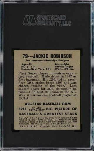 1948 Leaf Jackie Robinson ROOKIE RC 79 SGC 5 EX (PWCC) 2