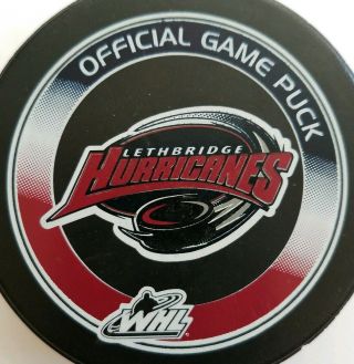 LETHBRIDGE HURRICANES WHL OFFICIAL GAME PUCK MADE IN CANADA HOCKEY LINDSAY MFG. 2
