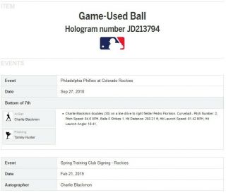 Rockies Charlie Blackmon Double Game Autographed Ball - 9/27/18 - MLB Holo 7
