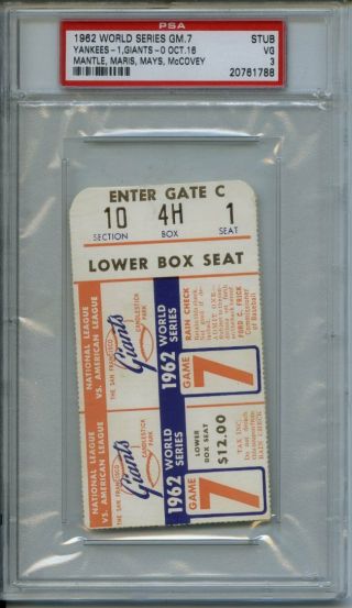 1962 World Series Game 7 Yankees V Giants Mantle Maris Mays Ticket Stub Psa Vg 3