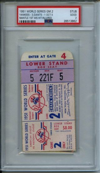1951 World Series Game 2 Yankees V Giants Mantle 1st Hit Ticket Stub Psa Good 2