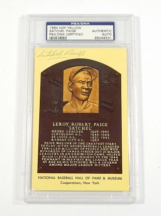 Satchel Paige Twice Signed Yellow Hof Hall Of Fame Plaque 2 Psa/dna Auto