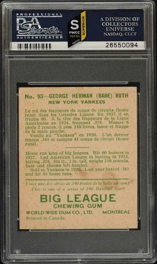 1933 Goudey World Wide Gum Babe Ruth 93 PSA 4 VGEX (PWCC - S) 2