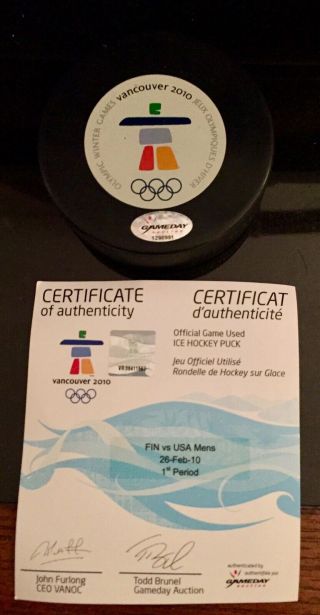 Very Rare Game Vancouver 2010 Winter Olympic Hockey Puck Team Usa / Finland