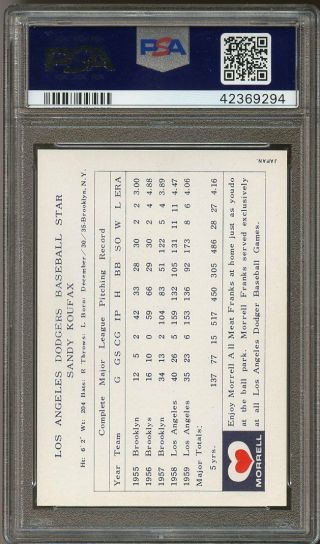1960 Morrell Meats Dodgers Sandy Koufax PSA 9 Pop 6 Highest Grade Looks Gem 2