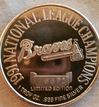 1991 Atlanta Braves Nl Champs 1 Troy Oz.  999 Silver Round Coin Ltd Edition