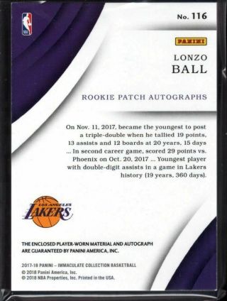 LONZO BALL /99 AUTO RC RPA 2017 - 18 IMMACULATE BASKETBALL 3 COLOR AUTOGRAPH 3