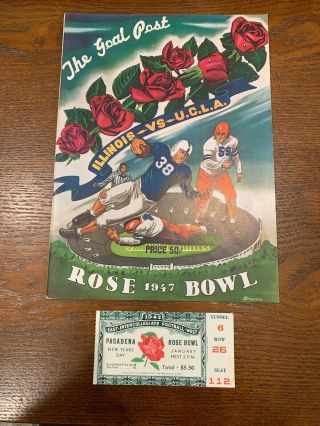 1947 Rose Bowl Program Ucla Vs Illinois With Ticket Stub.  Illinois 45.  Ucla 14