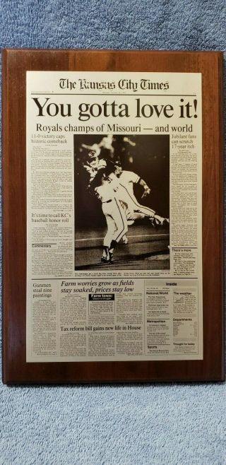 Vintage Kansas City Royals 1985 World Series Championship Plaque News Headline