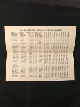 Baltimore Orioles 1954 Press Radio TV Schedule Spring Training Roster 5
