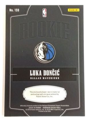 Luka Doncic 2018 - 19 Panini Dominion Auto Jersey Patch 28/199 159 Rookie RC RPA 4