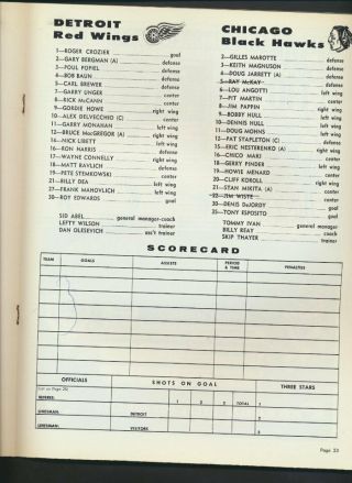 Vintage Detroit Red Wings NHL Hockey Program Nov.  29/1969 vs Chicago Mahovlich 3