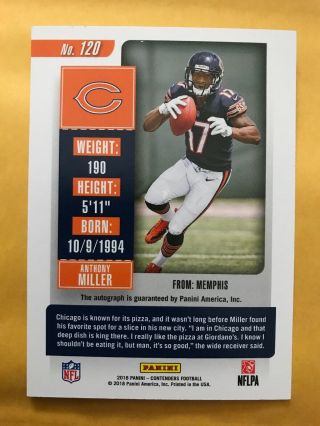 2018 Contenders Rookie Ticket Anthony Miller RC Auto Bears 2