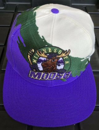 Rare Vintage 90s Minnesota Moose Logo Athletic Splash Paint Snapback Hat Cap