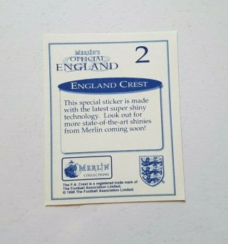 Merlin Official England 98 World Cup 1998 Gold Foil Sticker 2 England Badge 2