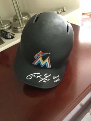 Christian Yelich Game Game Worn And Autographed Marlins Batting Helmet.