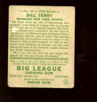 1934 Goudey Baseball Card 21 Bill Terry 2