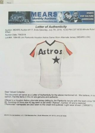 Jim Pankovits ' 84 - ' 85 Astros game worn jersey,  MEARS LOA 6