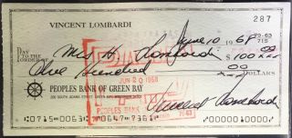 1968 Vince Lombardi Signed Autographed Personal Check Bgs Packers Hof