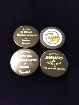 Four Seattle Breakers Hockey Club Pucks Moscow Portland Spokane Opening Vintage