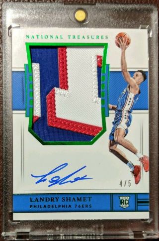 Landry Shamet 2018 - 19 National Treasures Rookie Patch Auto Emerald 4/5 Clippers 2