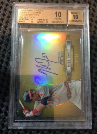 Mike Trout 2012 Bowman Sterling Gold Refractor Auto Rc 37/50 Bgs 10/10 Pristine