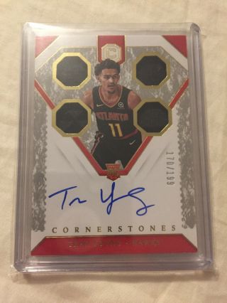 Trae Young Quad Jersey Auto Card Numbered /199 Panini Cornerstones