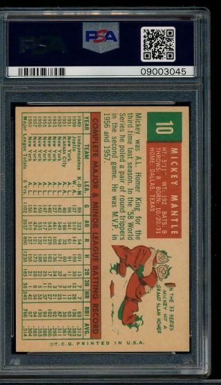 MICKEY MANTLE 1959 TOPPS 10 York Yankees HOF PSA 8 NM - MT 