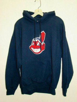 Cleveland Indians Sewn Chief Wahoo Logo Mens L Hoodie Heavyweight Sweatshirt