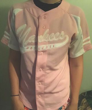Girls 12/14 Yankees Button Up Jersey Womens Small Pink White Majestic Mlb