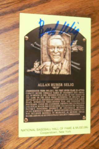 Bud Selig Signed Gold Hall Of Fame Plaque Postcard Brewers Hof