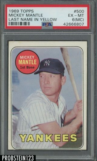 1969 Topps 500 Mickey Mantle York Yankees Hof Psa 6 (mc) Ex - Mt