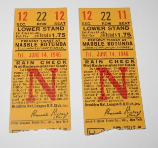 (2) 1946 Baseball Brooklyn Dodgers Vs Chicago Cubs Ticket Stub Pee Wee Reese
